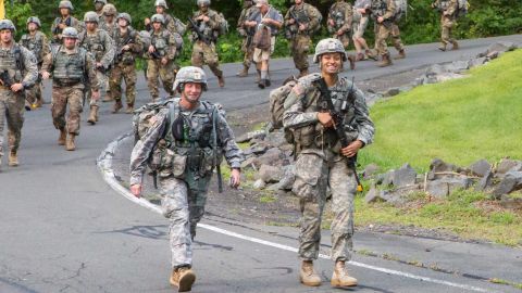 Askew leads West Point Corps of Cadets members as the march back from Camp Buckner to complete basic training.
