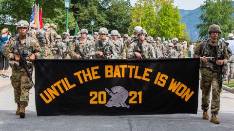 Askew is front and center as she leads members of the Cadet Basic Training Regiment as they march from Camp Buckner.