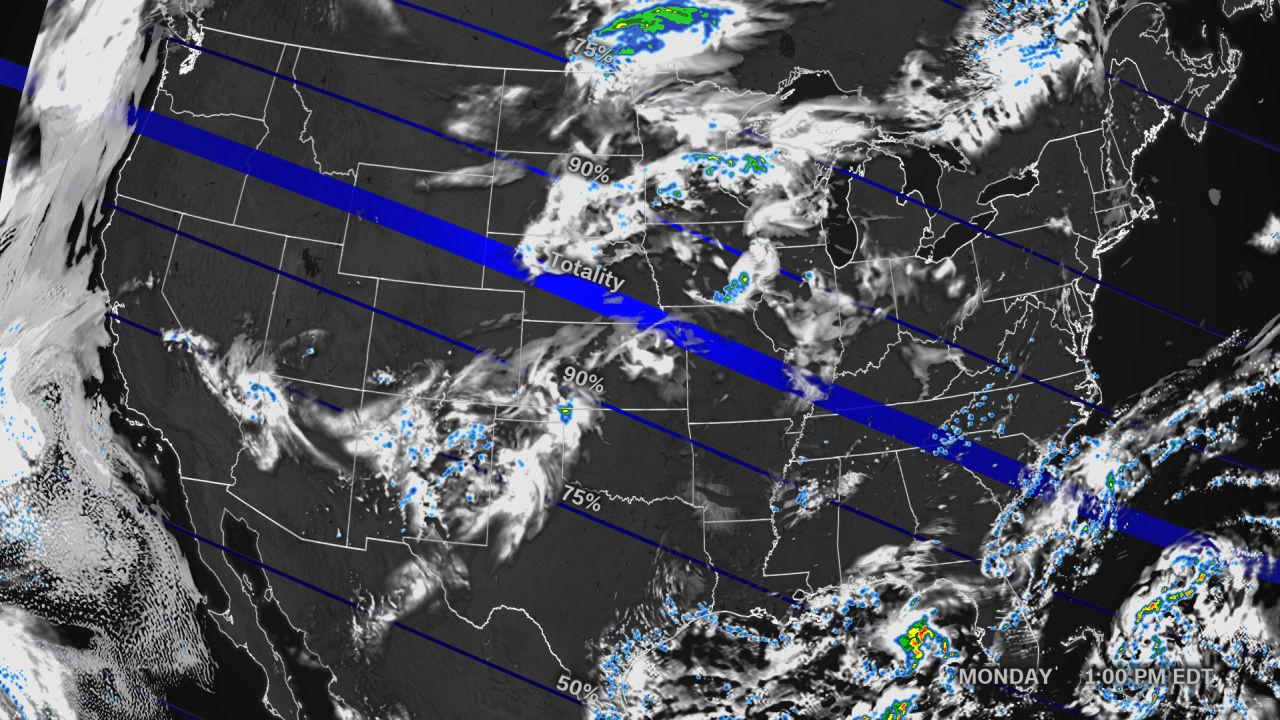 A CNN Weather high-resolution model for the hours during the total solar eclipse Monday.