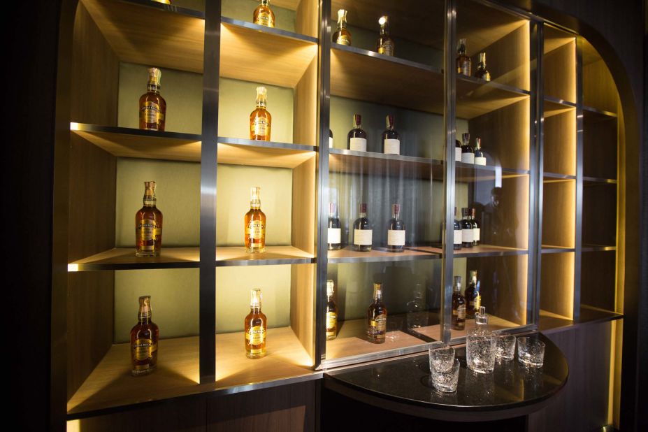 <strong>Heritage Room --</strong> These shelves hold some of the bar's rarest whiskies, including the Royal Salute 62 Gun Salute, which costs $550 a pour. The Heritage Room can be booked for private tasting events. 