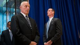 White House Chief of Staff General John Kelly looks on as President Donald Trump speaks following a meeting on infrastructure at Trump Tower, August 15, 2017 in New York City. He fielded questions from reporters about his comments on the events in Charlottesville, Virginia and white supremacists. 