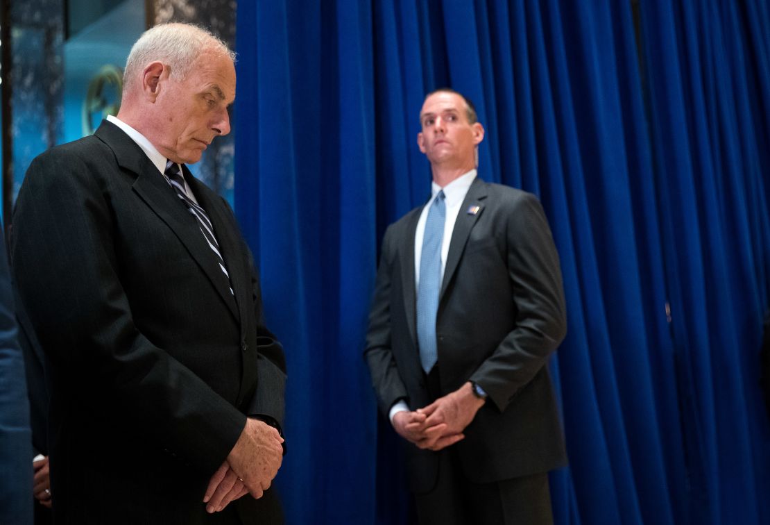 White House Chief of Staff Gen. John Kelly looks on as US President Donald Trump speaks at Trump Tower, August 15, 2017 in New York City.