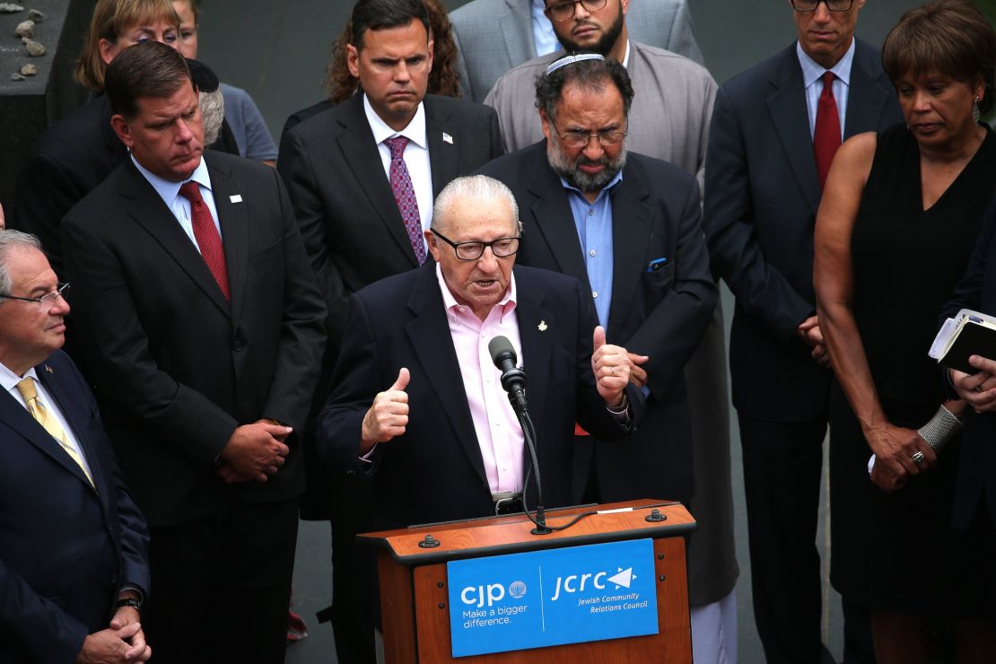 Holocaust survivor Israel Arbeiter speaks during a news conference at the New England Holocaust Memorial in Boston on Tuesday.