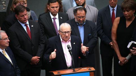 Holocaust survivor Israel Arbeiter speaks during a news conference at the New England Holocaust Memorial in Boston on Tuesday.