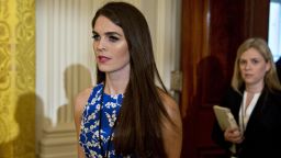 WASHINGTON, DC - JANUARY 22: Hope Hicks, White House director of strategic communications, arrives to a swearing in ceremony of White House senior staff in the East Room of the White House on January 22, 2017 in Washington, DC. Trump today mocked protesters who gathered for large demonstrations across the U.S. and the world on Saturday to signal discontent with his leadership, but later offered a more conciliatory tone, saying he recognized such marches as a "hallmark of our democracy." (Photo by Andrew Harrer-Pool/Getty Images)