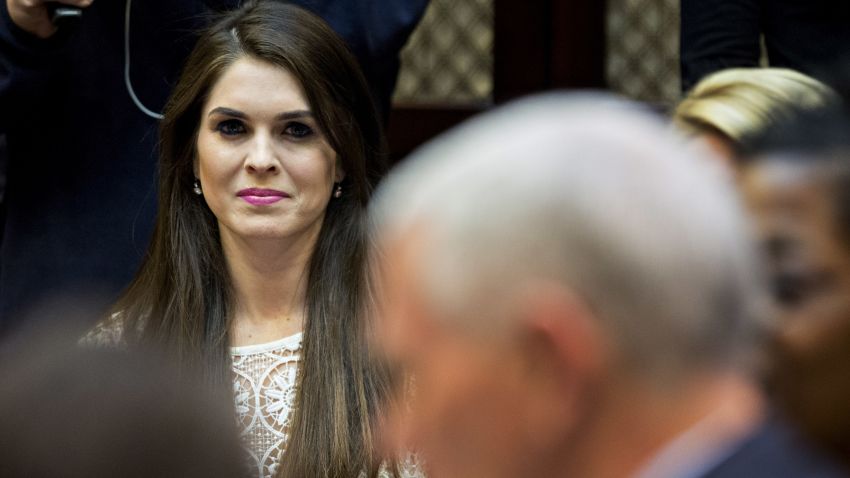 WASHINGTON, DC - MARCH 27: Hope Hicks, White House director of strategic communications, listens while meeting with women small business owners with U.S. President Donald Trump, not pictured, in the Roosevelt Room of the White House on March 27, 2017 in Washington, D.C. Investors on Monday further unwound trades initiated in November resting on the idea that the election of Trump and a Republican Congress meant smooth passage of an agenda that featured business-friendly tax cuts and regulatory changes. (Photo by Andrew Harrer-Pool/Getty Images)