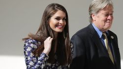 White House Director of Strategic Communications Hope Hicks (L) and Senior Counselor to the President and White House Chief Strategist Steve Bannon walk down the West Wing Colonnade following a bilateral meeting between U.S. President Donald Trump and Japanese Prime Minister Shinzo Abe February 10, 2017 in Washington, DC.