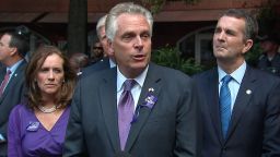 Virginia Govenor Terry McAuliffe speaks after the memorial service for Heather Heyer in Charlottesville on Wednesday, August 16.