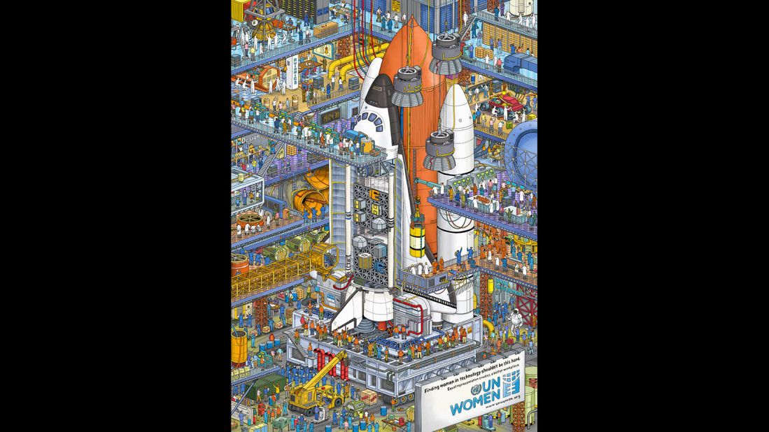 Reminiscent of the "Where's Waldo" book series, these awareness posters challenge viewers to find women in male-dominated workplaces.  