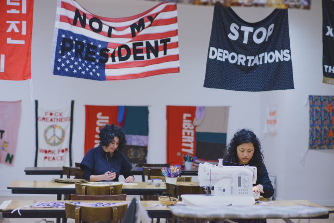 The Protest Banner Lending Library in Chicago offers a space to those wanting to create their own protest banners and placards. 