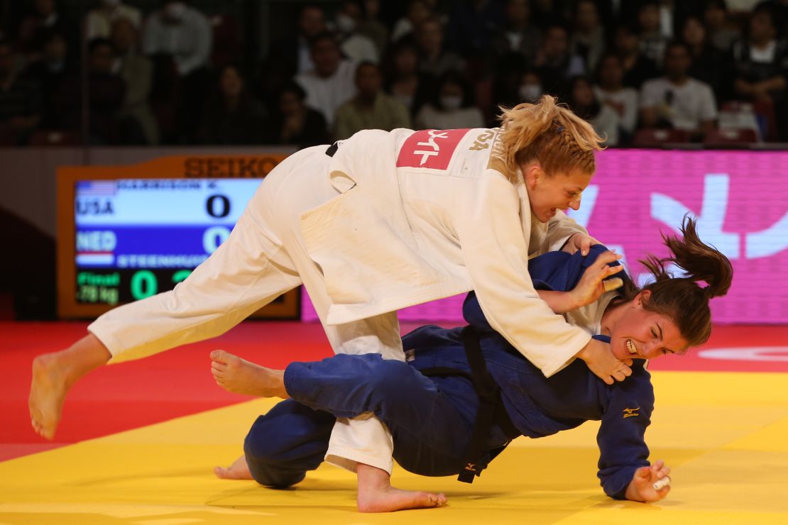  Kayla Harrison of the US throws Guusje Steenhuis of the Netherlands for yuko at Tokyo Metropolitan Gymnasium.