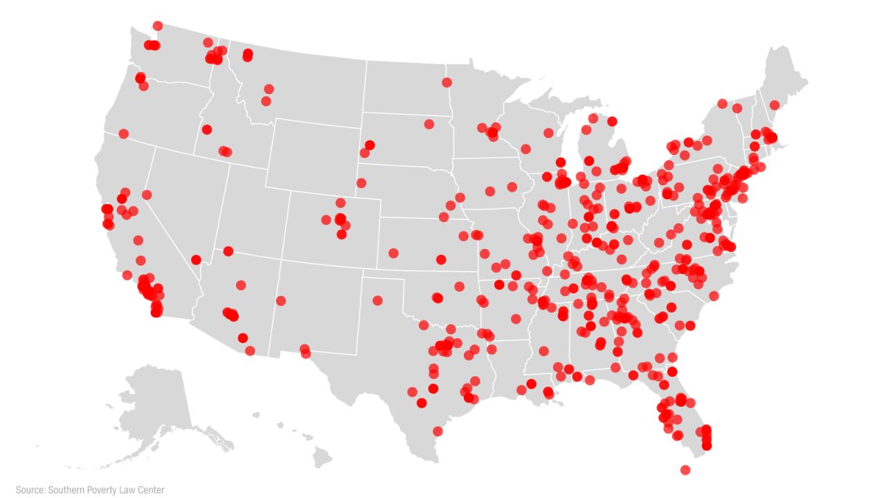 Dots represent the hate groups operating out of each state, according to the SPLC