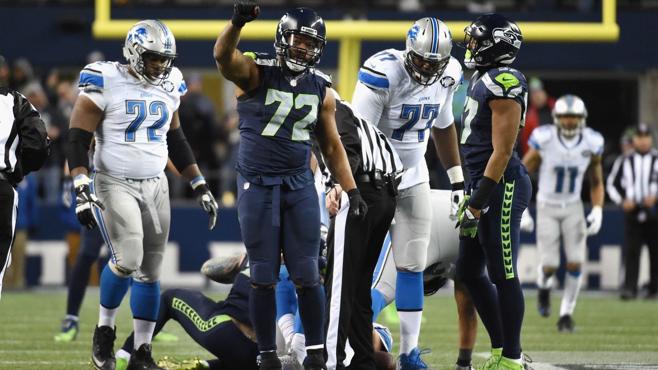 Bennett reacts after a sack during the second half against the Detroit Lions in the NFC Wild Card game at CenturyLink Field on January 7 in Seattle.