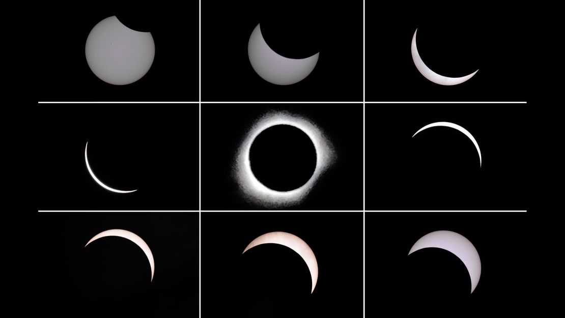 This photo combo shows the moon passing in front of the sun (top L to bottom R) during a total solar eclipse in Indonesia on March 9, 2016.