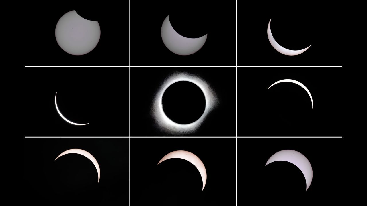 This photo combo shows the moon passing in front of the sun (top L to bottom R) during a total solar eclipse in Indonesia on March 9, 2016.