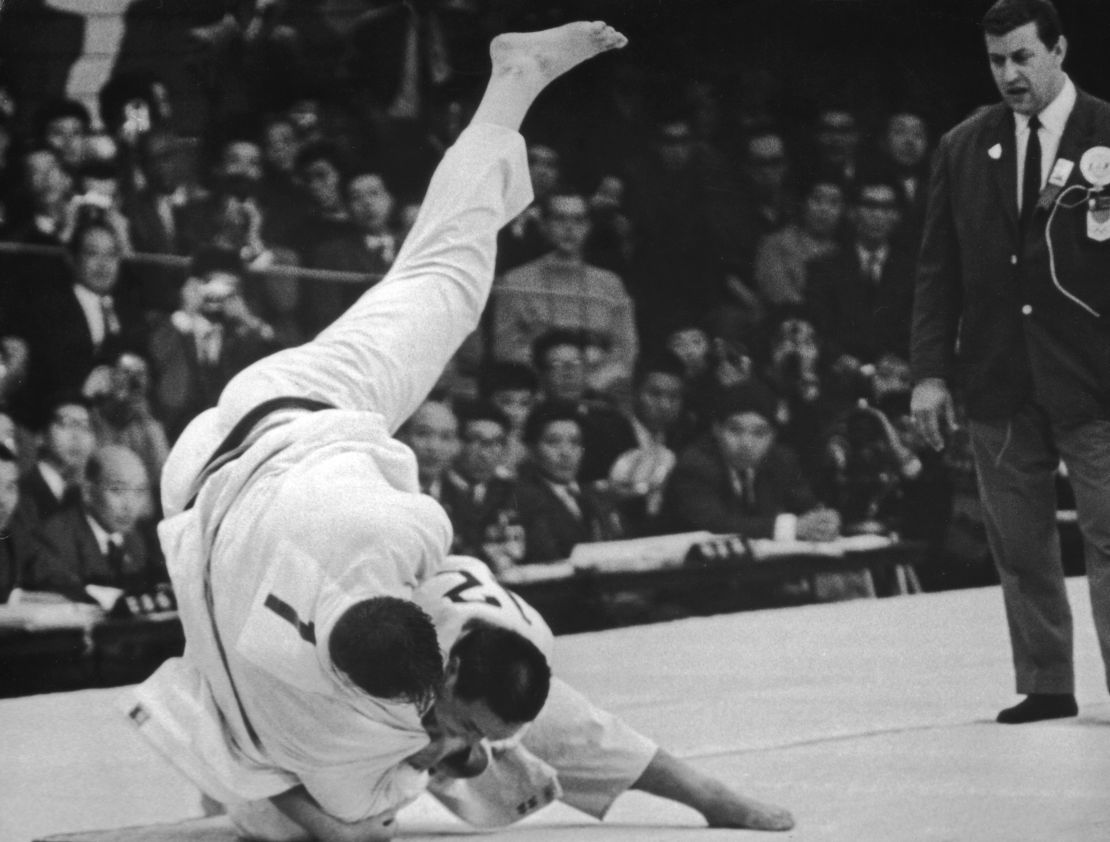 Japanese wrestler Isao Inokuma beats Canada's Alfred Douglas Rogers in the Judo Heavyweight final at the Tokyo Olympics, 1964. 