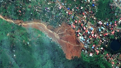 A satellite image from DigitalGlobe shows the mudslide that has devastated the Freetown area. 