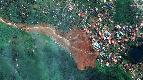 A satellite image from DigitalGlobe shows the mudslide that has devastated the Freetown area.