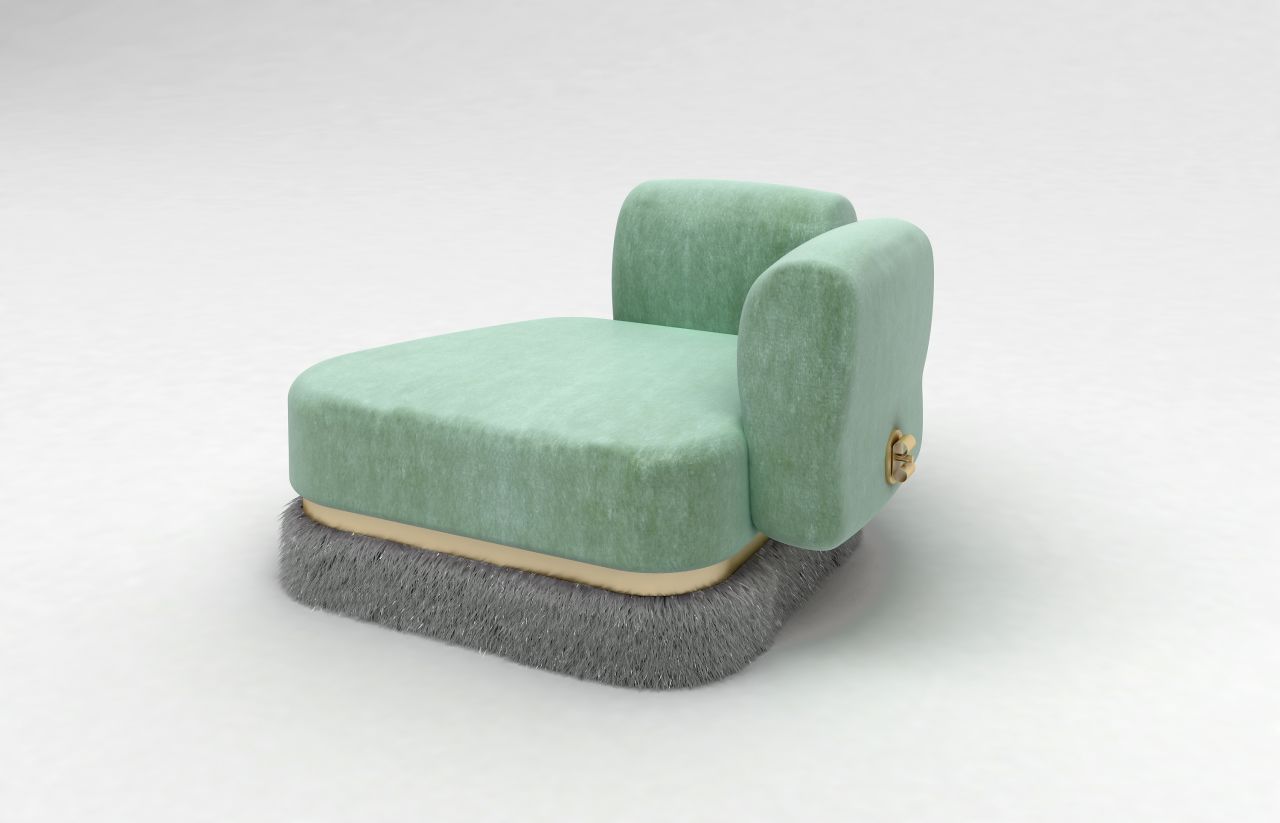 Much like their clothing designs, Fendi's furniture pieces focus on luxury fabrics and texture. For example, there is a fox fur trim around the base of this chair.