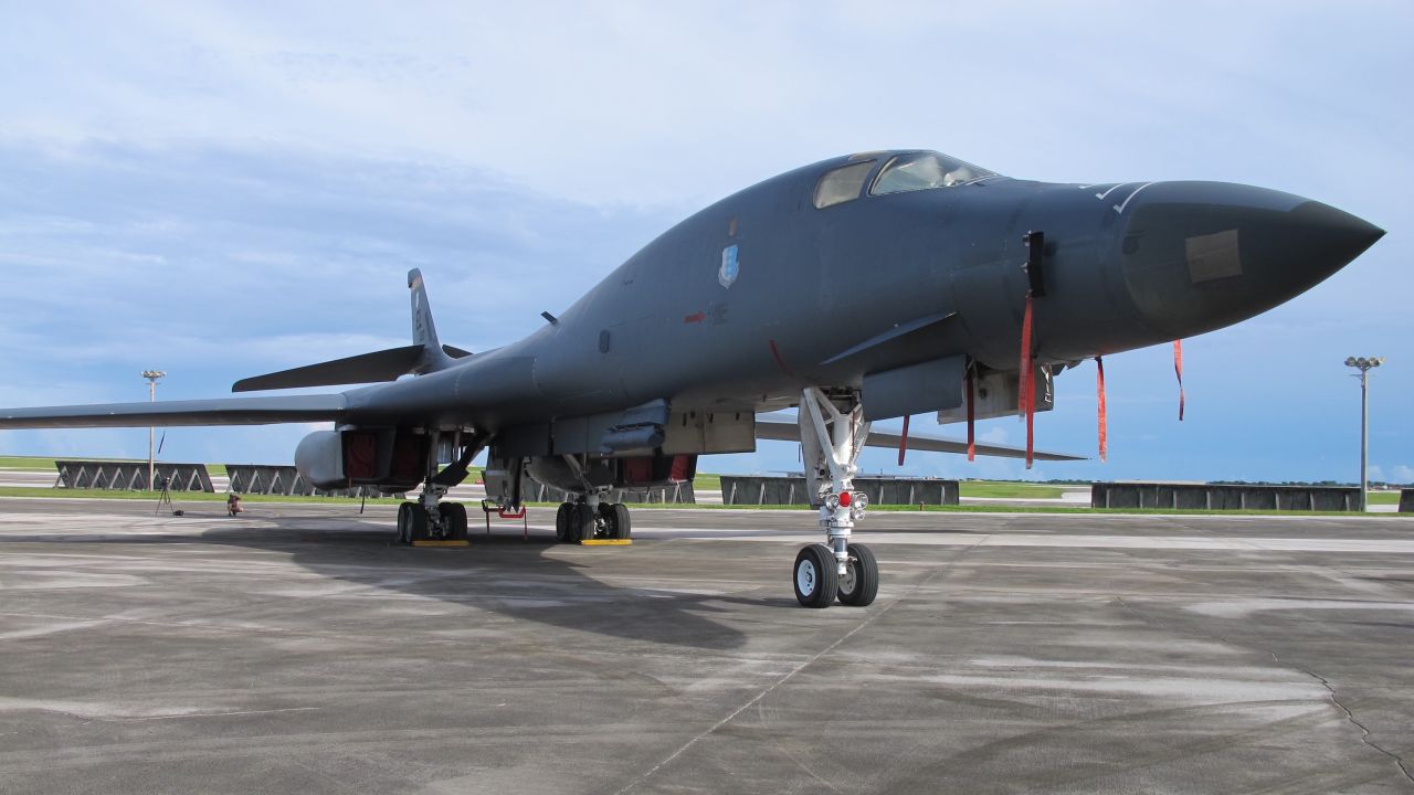 A B-1 Bomber on a runway at Andersen Air Force Base on August 17. 2017.