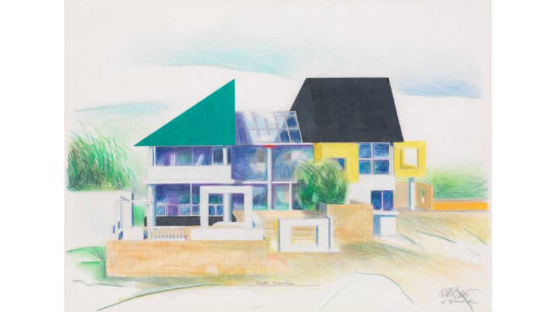 "Executed Design, May 1988: South Perspective (under construction), Daniel Wolf Residence, Ridgeway, Colorado" (1986), by Ettore Sottsass. 
