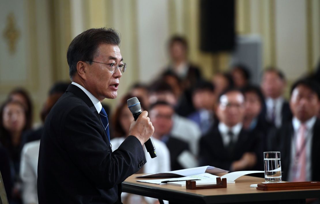 South Korean President Moon Jae-in speaks during a press conference marking his first 100 days in office, August 17, 2017.