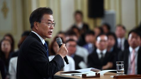 South Korean President Moon Jae-in speaks during a press conference marking his first 100 days in office, August 17, 2017.