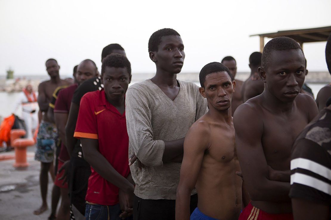 Rescued migrants arrive in the port of Motril, Granada, southern Spain, in August 2017. 
