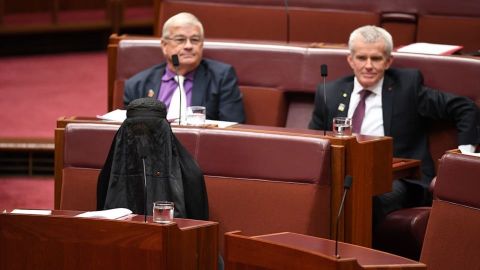 Australian Senator Pauline Hanson wears a burqa in Parliament as she calls for a burqa ban in August.