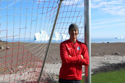 Johan Frederik Zeeb showing off his home town's new artificial pitch on Disko Island. He won the championship with G-44 in 2013. 