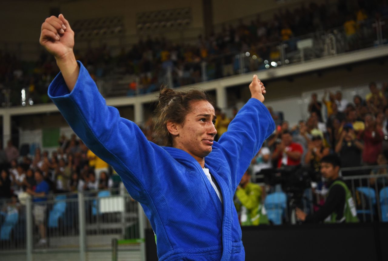 Majlinda Kelmendi tears up after being crowned Kosovo's first ever gold medalist at the Rio Olympics in the women's 52 kg weight category.