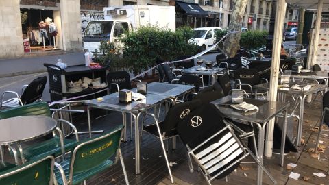 Tables and chairs at pavement cafes on Las Ramblas offer hints to the chaos that erupted here, prompting visitors enjoying an early evening drink to scatter in panic.