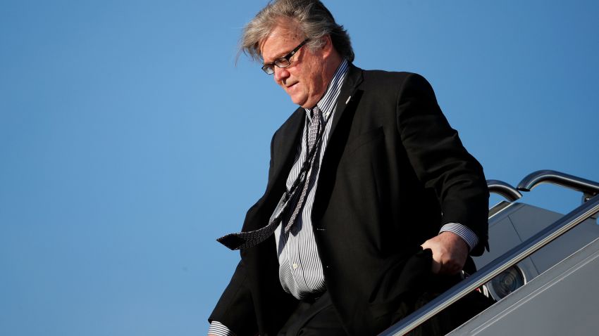 White House chief strategist Steve Bannon steps off Air Force One as he arrives Sunday, April 9, 2017, at Andrews Air Force Base, Md. Bannon was with President Donald Trump and they were in Florida meeting with Chinese President Xi Jinping. (AP Photo/Alex Brandon)