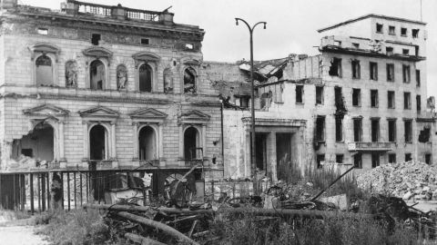 The ruins of the Old Reich Chancellery (left) and its modern annexe, seen from Wilhelmplatz, Berlin, 15th August 1947. The building was formerly the residence of Nazi leader Adolf Hitler.