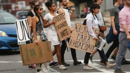 Protesters prepare to march in Boston against a planned 'Free Speech Rally' just one week after the violent 'Unite the Right' rally in Virginia left one woman dead and dozens more injured on August 19, 2017 in Boston, Massachusetts. Although the rally organizers stress that they are not associated with any alt-right or white supremacist groups, the city of Boston and Police Commissioner William Evans are preparing for possible confrontations at the afternoon rally. 