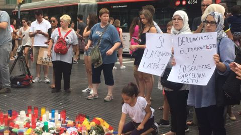 Muslim women denounce terrorism at a memorial Saturday on Las Ramblas in Barcelona.