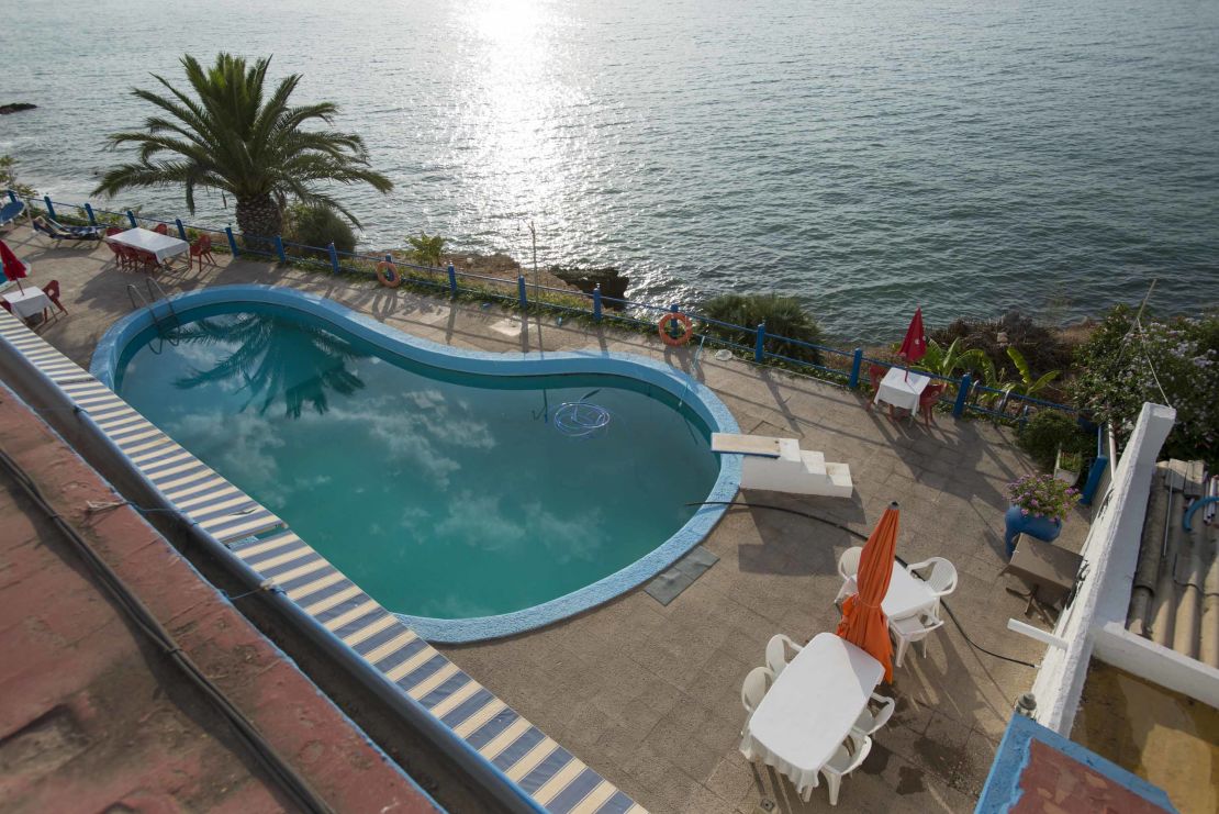 The pool at Hostal Montecarlo, across the street from the blast site, sits empty.
