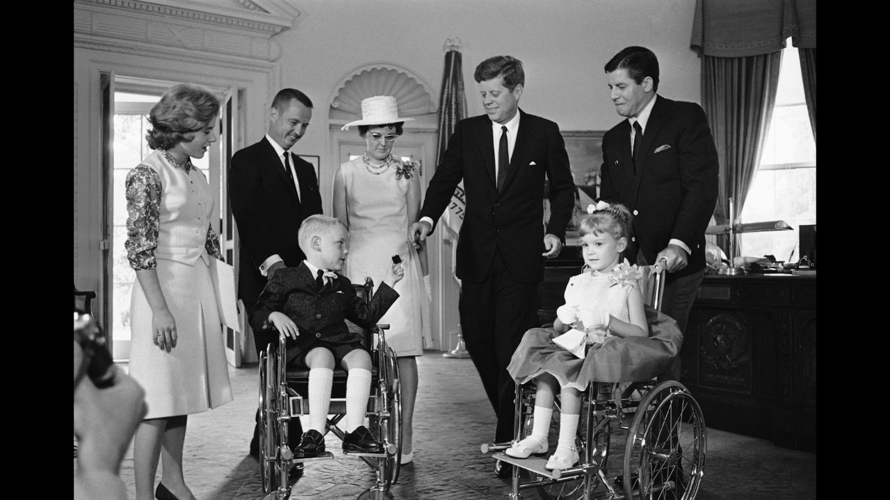 Lewis was the longtime spokesman for the Muscular Dystrophy Association. Here, Lewis visits President John Kennedy at the White House with Bobbie and Kerrie Whittaker, the 1963 national poster children for the association. Also shown, from left, are actress Patty Duke and the children's parents, Mr. and Mrs. C. Leigh Whittaker.