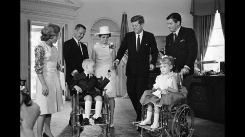 Lewis was the longtime spokesman for the Muscular Dystrophy Association. Here, Lewis visits President John Kennedy at the White House with Bobbie and Kerrie Whittaker, the 1963 national poster children for the association. Also shown, from left, are actress Patty Duke and the children's parents, Mr. and Mrs. C. Leigh Whittaker.
