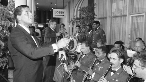 Lewis performs with the United States Army Reserve Band before receiving the the military's highest civilian award in 1985. The Medal for Distinguished Service was awarded to Lewis for his role in fighting muscular dystrophy. 