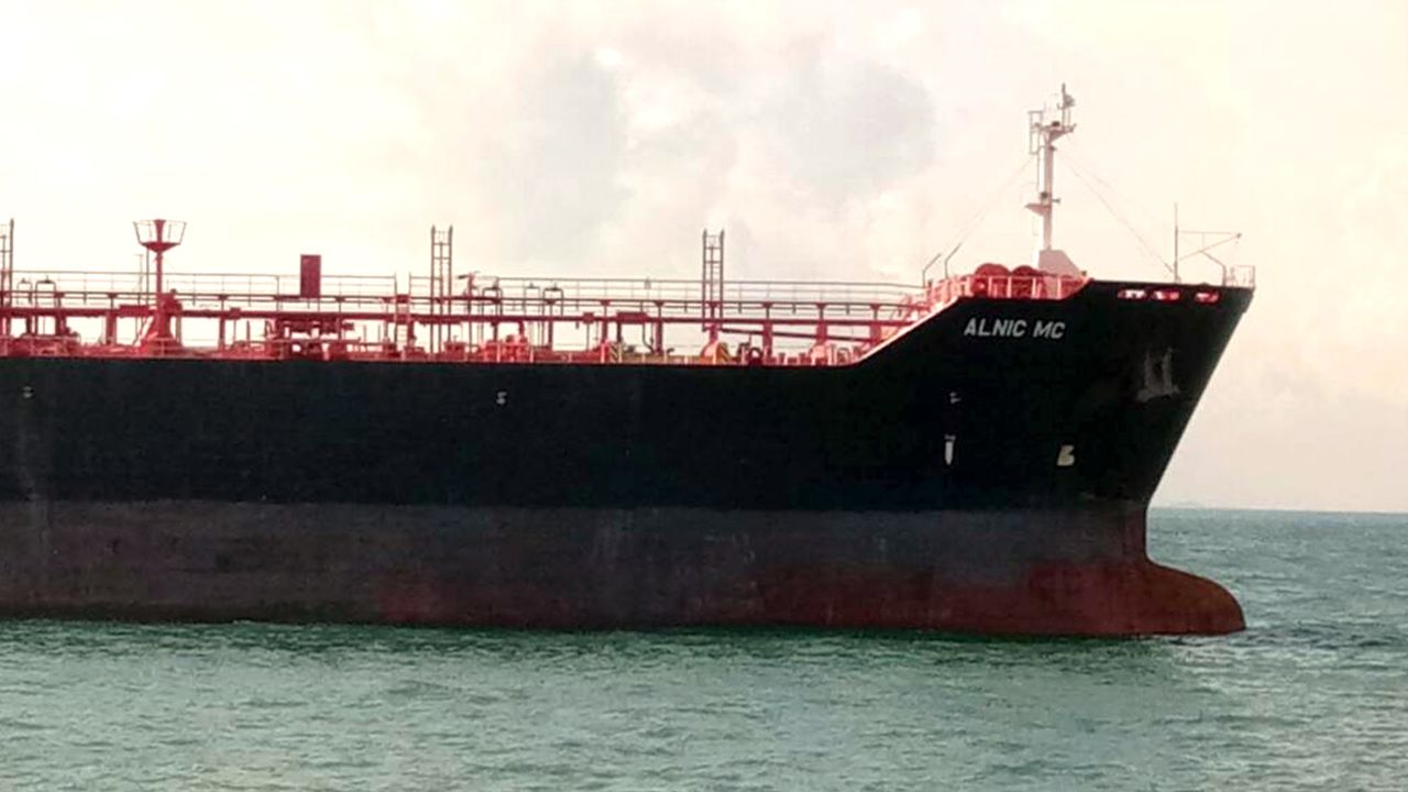 The oil and chemical tanker Alnic MC after Monday's collision off Johor, Malaysia.