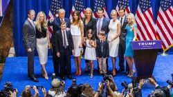 Eric Trump, Lara Yunaska Trump, Donald Trump, Barron Trump, Melania Trump, Vanessa Haydon Trump, Kai Madison Trump, Donald Trump Jr., Donald John Trump III, Ivanka Trump, Jared Kushner, and Tiffany Trump pose for photos on stage after Donald Trump announced his candidacy for the U.S. presidency at Trump Tower on June 16, 2015 in New York City. Trump is the 12th Republican who has announced running for the White House.