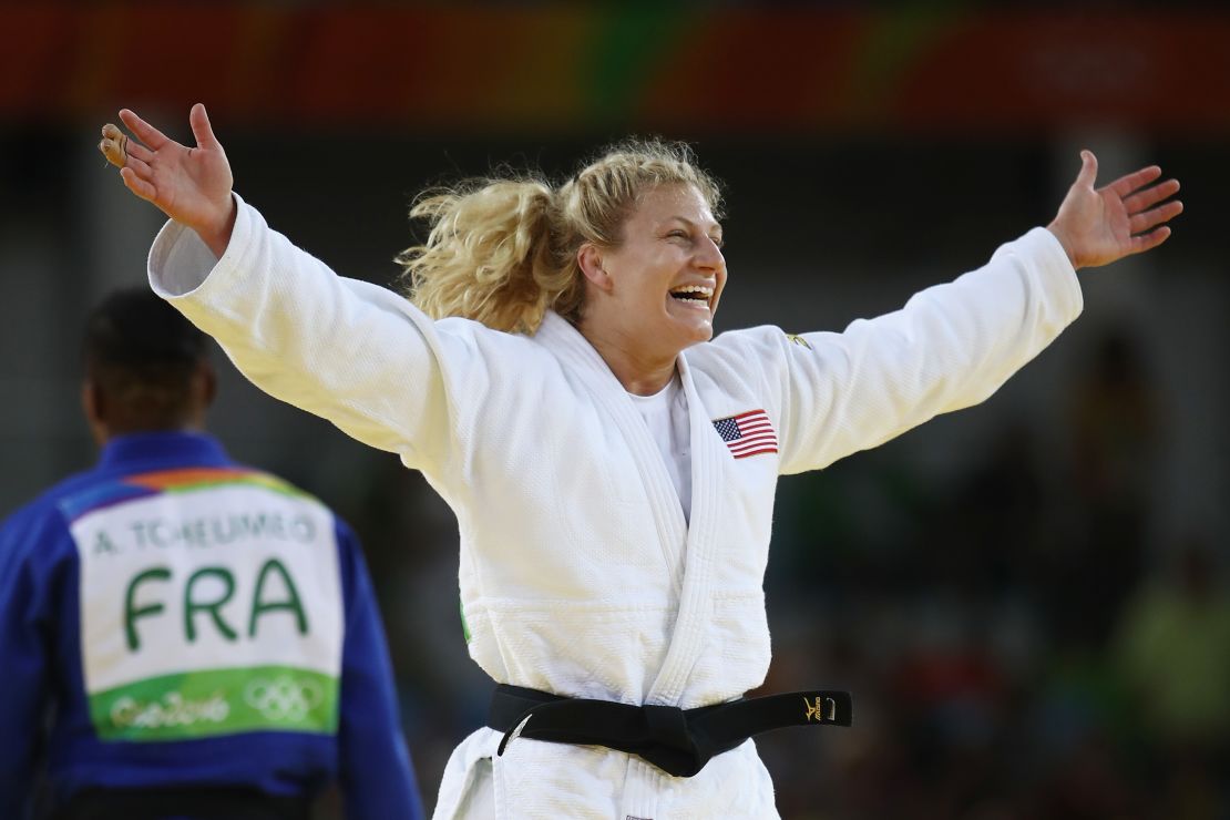 Kayla Harrison celebrates after defeating Audrey Tcheumeo in the Rio 2016 -78kg Olympic gold medal contest. 