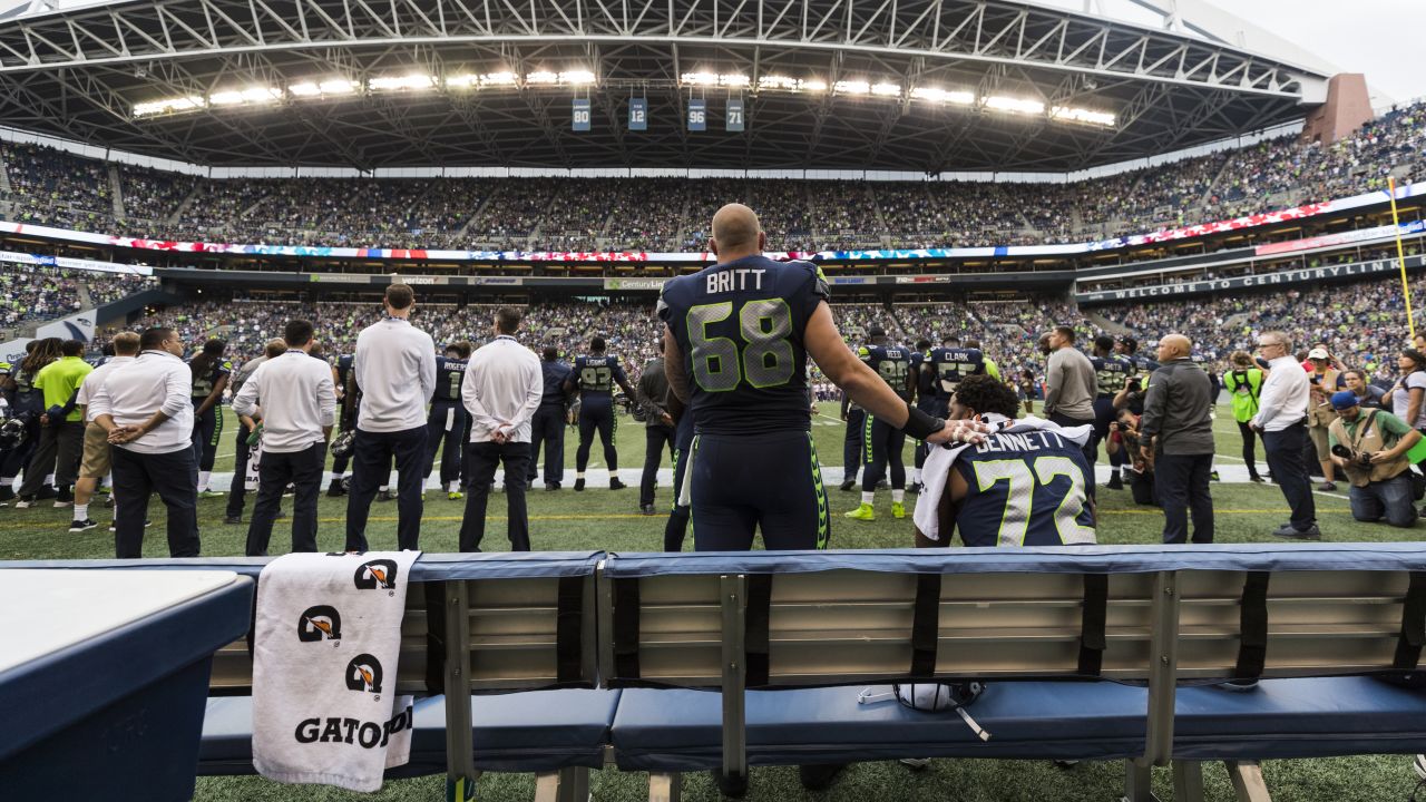 Seattle center Justin Britt puts his hand on Michael Bennett's shoulder as Bennett protests during the national anthem on Friday, August 18. Bennett recently <a href="http://www.espn.com/nfl/story/_/id/20363083/michael-bennett-seattle-seahawks-says-involvement-white-players-help-anthem-protests" target="_blank" target="_blank">told ESPN</a> that he thought white players getting involved in anthem protests "would change the whole conversation" regarding racism and social inequality, and Britt was one of several white players <a href="http://www.latimes.com/sports/nfl/la-sp-nfl-preseason-anthem-20170821-story.htmlhttp://bleacherreport.com/articles/2728333-justin-britt-stands-next-to-michael-bennett-during-national-anthem-protest" target="_blank" target="_blank">who showed solidarity</a> with their black teammates during anthems this past week. <a href="http://www.cnn.com/2017/08/16/sport/seahawks-michael-bennett-not-standing-for-national-anthem/index.html" target="_blank">Read more: Bennett tells CNN why he can't stand for the anthem</a>