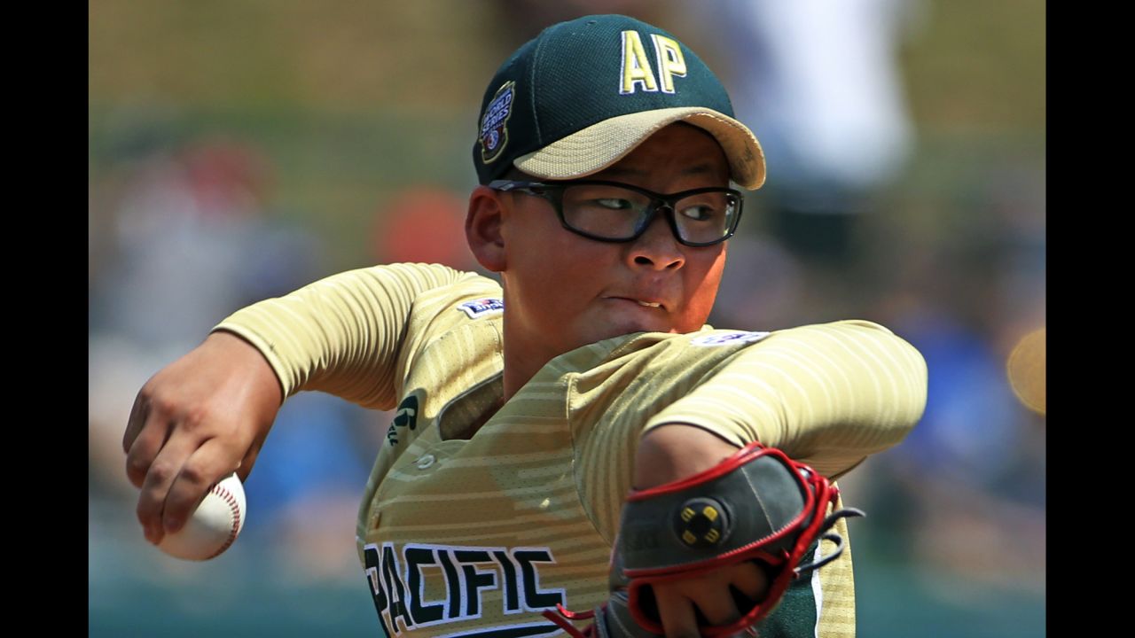 Ho Sung Lee winds up for a pitch during a Little League World Series game in Williamsport, Pennsylvania, on Sunday, August 20. 