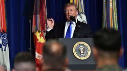 US President Donald Trump speaks during his address to the nation from Joint Base Myer-Henderson Hall in Arlington, Virginia, on August 21, 2017. / AFP PHOTO / Nicholas Kamm        (Photo credit should read NICHOLAS KAMM/AFP/Getty Images)