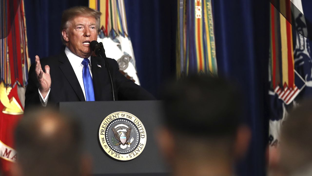 President Donald Trump speaks at Fort Myer in Arlington Va., Monday, Aug. 21, 2017, during a Presidential Address to the Nation about a strategy he believes will best position the U.S. to eventually declare victory in Afghanistan. (AP Photo/Carolyn Kaster)