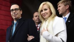 This is a January 20, 2017 file photo of then Treasury Secretary-designate Stephen Mnuchin and his then fiancee, Louise Linton, on Capitol Hill in Washington, for the presidential inauguration of Donald Trump. 