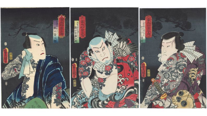 Artist Utagawa Kunisada was one of the first to popularize tattoos in woodblock prints in the 19th century. Here he's depicted three actors in various roles, their tattoos meant to evoke characters from the books and plays of the day. 