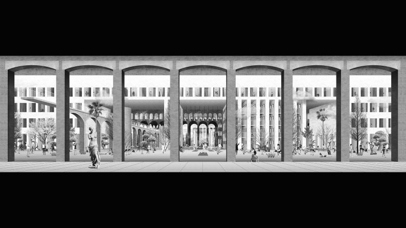 Designed by Chinese architect Zhe Peng, "The Hypotenuse Thermae" uses various elements of classical architecture inspired by Roman baths.​